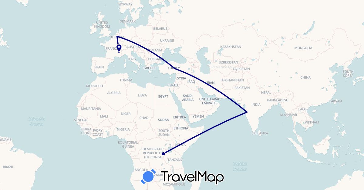 TravelMap itinerary: driving in Belgium, Burundi, France, India, Turkey (Africa, Asia, Europe)
